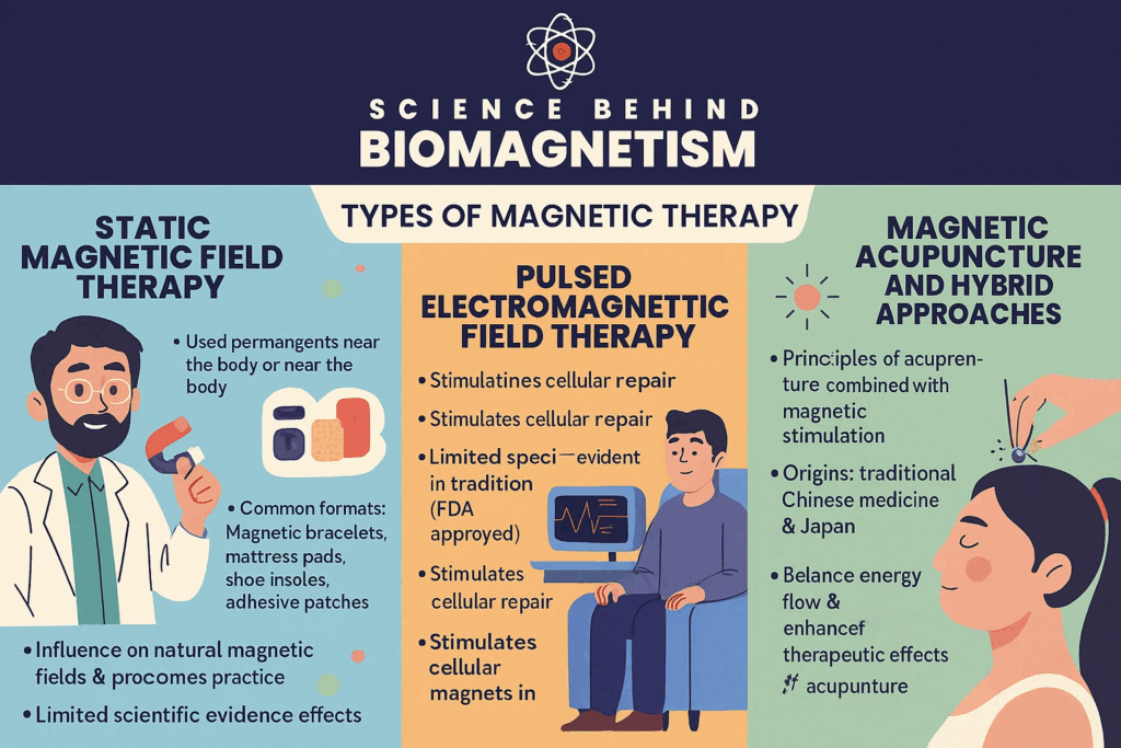 Scientific illustration of biomagnetism benefits including restoring magnetic balance, improved blood flow, ion channel modulation, electromagnetic transduction, and neural modulation.